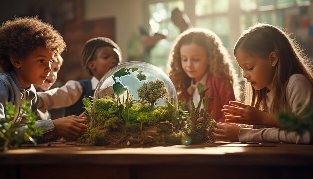 Foto weltumwelttag ein foto von kindern in einem klassenzimmer, die mit einem modellglobus interagieren