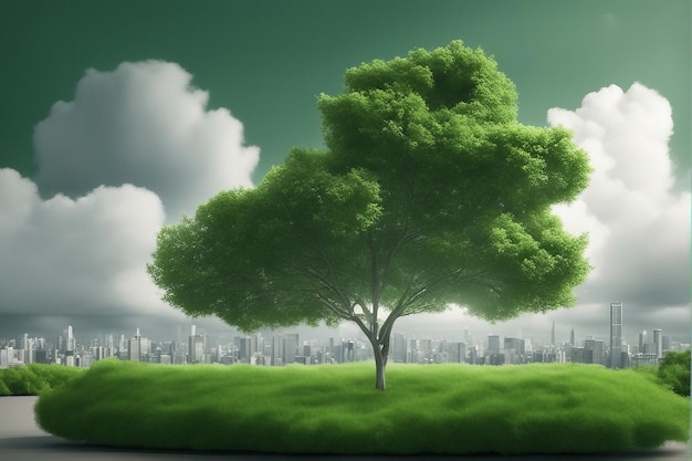 Weltumwelttag in der Stadt mit bewölktem Tag und grünen Bäumen feiern