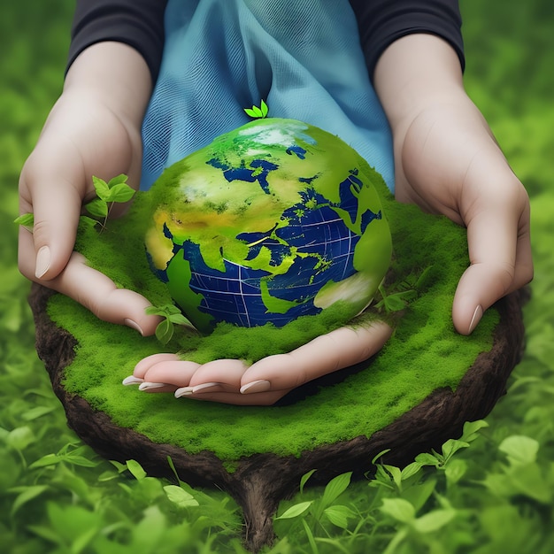 Weltumwelttag-Konzept mit Baumpflanzung und grüner Erde in freiwilligen Händen für ecologica