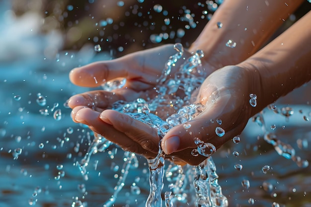 Weltwassertag Hand fängt Wassertropfen auf, die aus dem Wasserhahn kommen