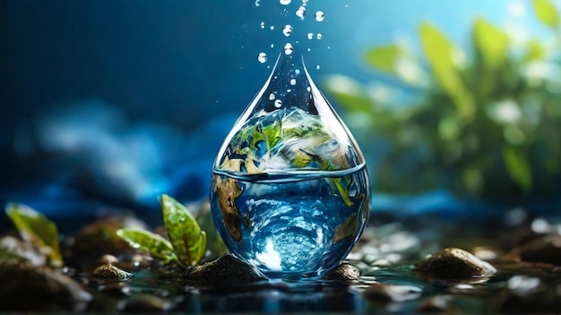 Weltwassertag-Konzept mit Welt in sauberem Wasser Drop auf und frisches blaues Wasser Wellen Design