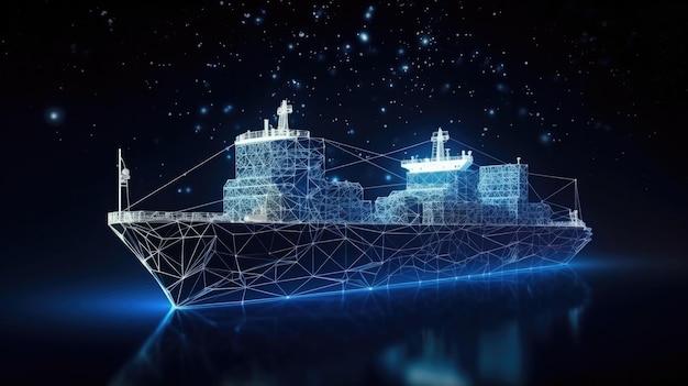 Weltweites Frachtschiff Polygonal Wireframe Mesh Art sieht aus wie eine Konstellation auf dem dunkelblauen Nachthimmel mit Punkten und Sternen Transport Logistik Versandkonzept Illustration