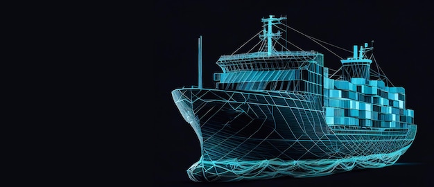 Weltweites Frachtschiff. Polygonale Drahtgitterkunst sieht aus wie eine Konstellation am dunkelblauen Nachthimmel mit Punkten und Sternen. Transport-, Logistik-, Versandkonzeptillustration oder -hintergrund. Generativ