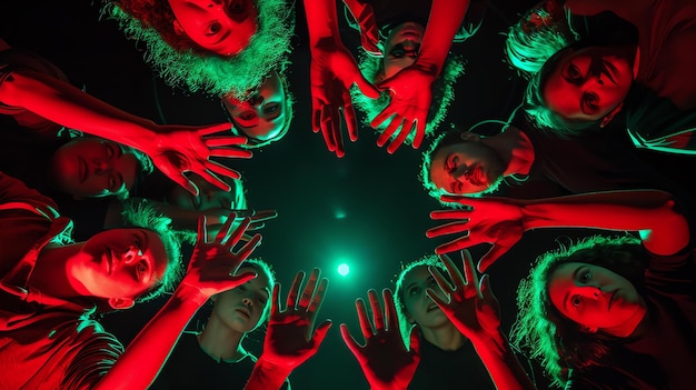 Foto wenn man von unten auf eine gruppe von menschen schaut, ist das eine interessante perspektive. man kann ihre hände sehen, die sich ausstrecken, was ein symbol der einheit ist.