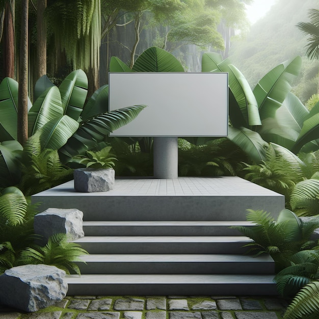 Werbe-Podium-Stand mit tropischen Dschungelblättern im Hintergrund Leere graue Stein-Piedestal-Plattform