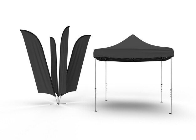 Werbe-Werbung Outdoor-Event-Messe Pop-Up-Zelt. Mockup-Vorlage. Isoliert auf weißem Hintergrund mit einem Cluster von Banner-Flags.