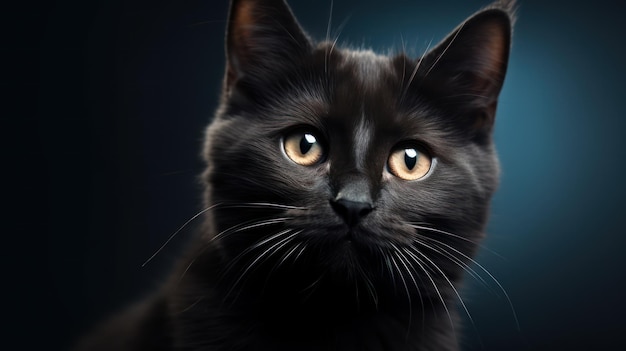 Werbeporträt-Banner wundert sich, junge Katze, schwarze Farbe, gelbe Augen, sieht gerade isoliert aus