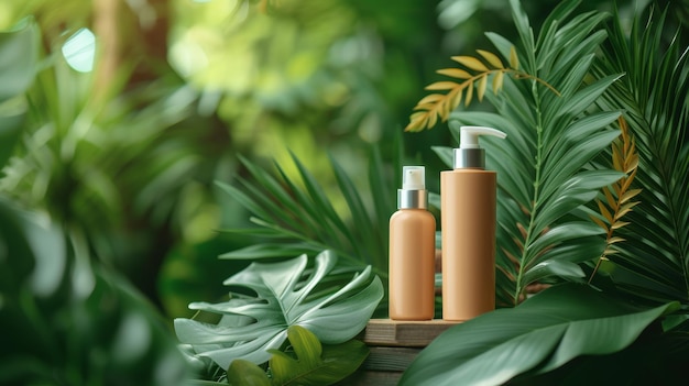 Werbestand für Kosmetikprodukte mit einem tropischen Dschungel-Hintergrund