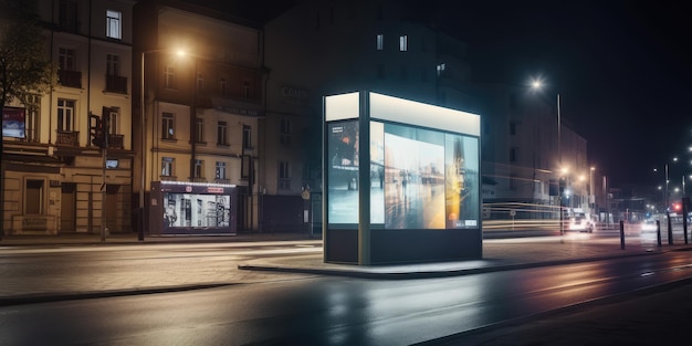 Werbetafel mock-up Ausstellungsfläche an der Bushaltestelle in der Nacht der Stadtstraße