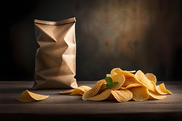 Werbevorlage für köstliche, hochwertige, hausgemachte und rustikale Kartoffelchips mit Öko-Verpackung