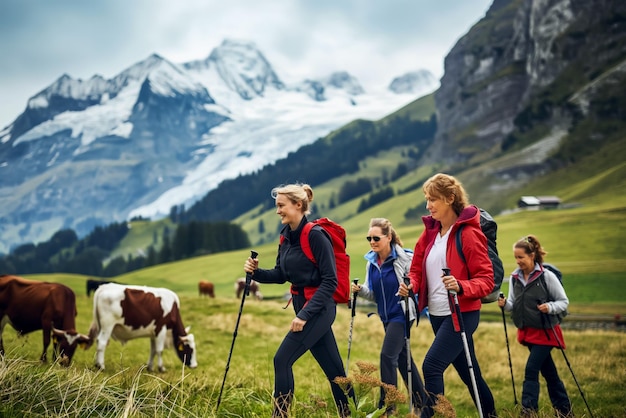 Werbung für aktiven Urlaub und Lebensstil von Touristen mittleren Alters, die beim Nordic Walking auf Vaca unterwegs sind