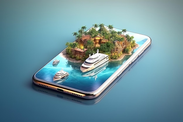 Werbung für eine paradiesische Insel mit einer isolierten Yacht im Telefon Generative KI