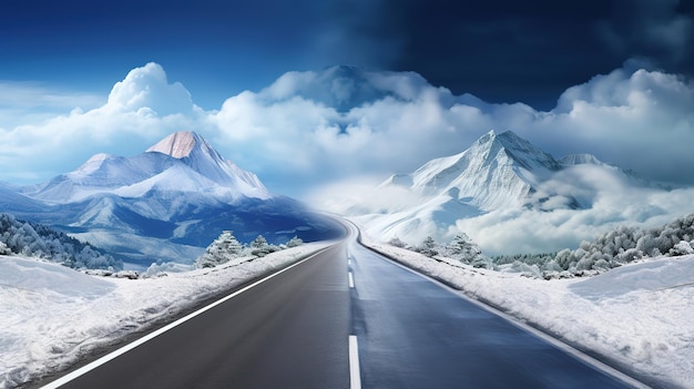 Werbung für eine schneebedeckte Straße Eine schneebedeckte Straße mit einsamen Bergen