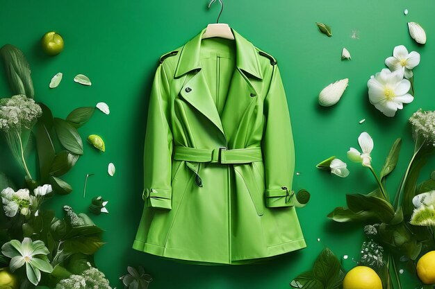 Foto werbung für einen bekleidungsgeschäft ein grüner regenmantel in farben frühlingsrabatt