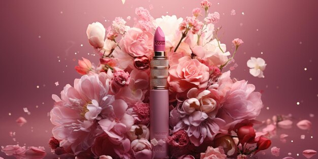 Werbung für rosa Lippenstift in Blumen auf rosa Hintergrund Generative KI