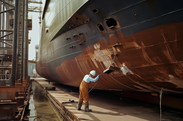 Werft mit Arbeitern, die am Rumpf eines neuen Schiffes schweißen und hämmern