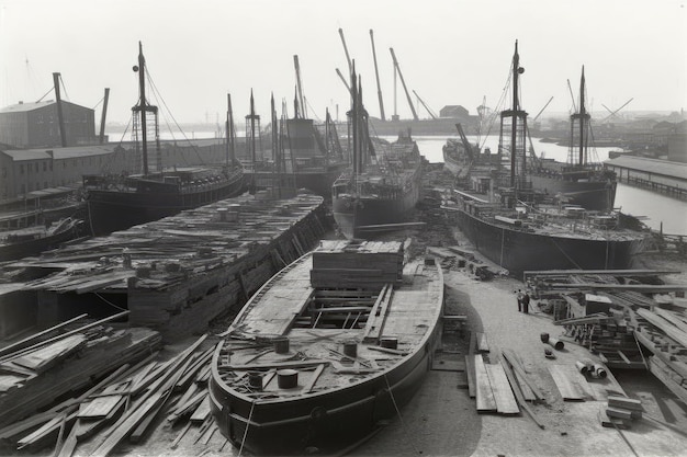 Werft mit zahlreichen im Bau befindlichen Schiffen und sichtbaren Fortschritten bei jedem