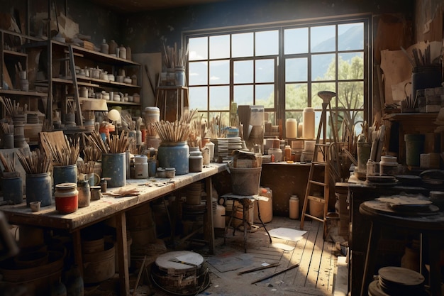 Werkstatt eines Künstlers mit vielen Werkzeugen und Materialien mit KI generiert