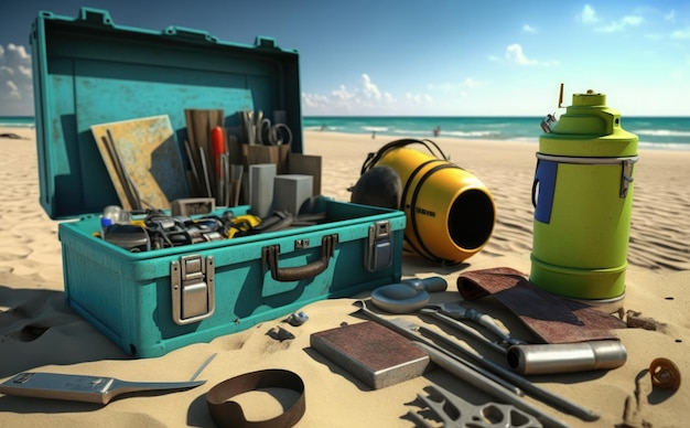 Foto werkzeug der arbeiter am sonnigen strand 3d-rendering