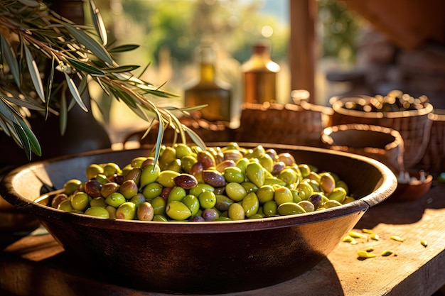 Werkzeuge, die während der Olivenerntesaison zum Extrahieren grüner, frischer Oliven aus nächster Nähe verwendet werden. Traditionelle org