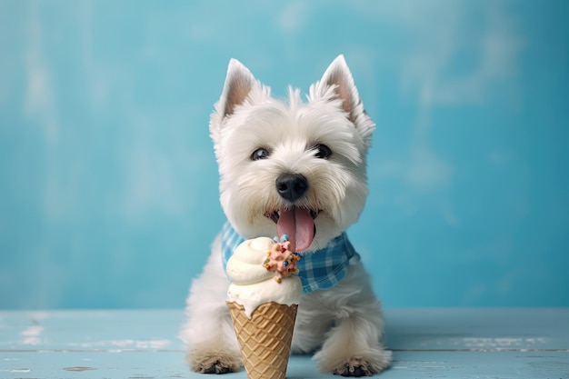 Un West Highland Terrier con un cono de helado IA generativa