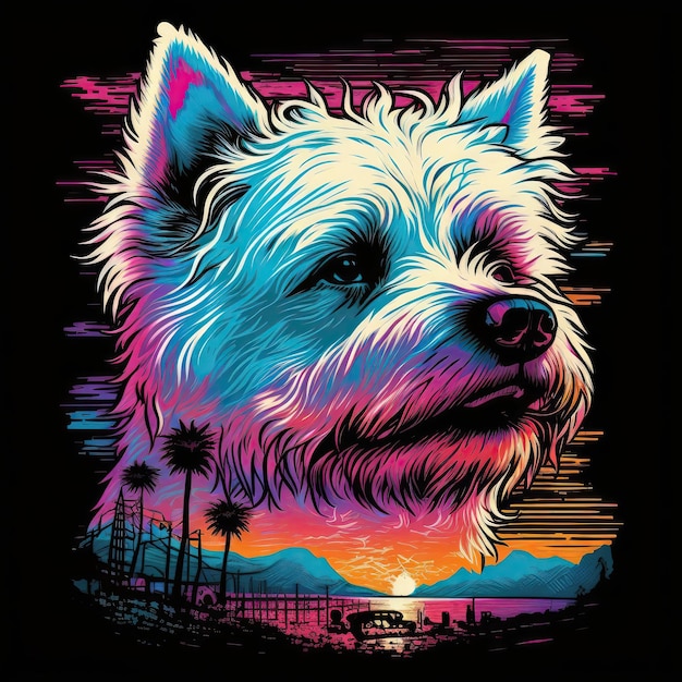 West Highland White Terrier 80s Synthwave Camiseta detallada Arte vectorial con colores vivos IA generativa