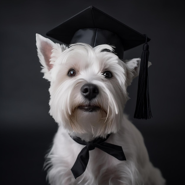 West Highland White Terrier perro blanco Westie con una gorra académica negra divertido lindo retrato