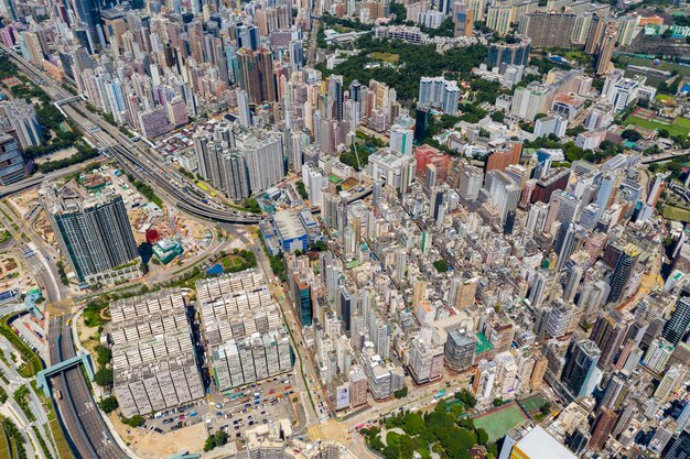 West Kowloon, Hongkong, 12. September 2019: Blick von oben auf die Stadt Hongkong