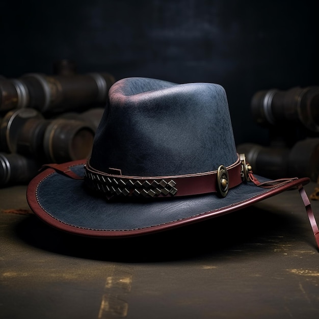 Western Belt-Hut dunkelgrau und blau mit braunem Lederband
