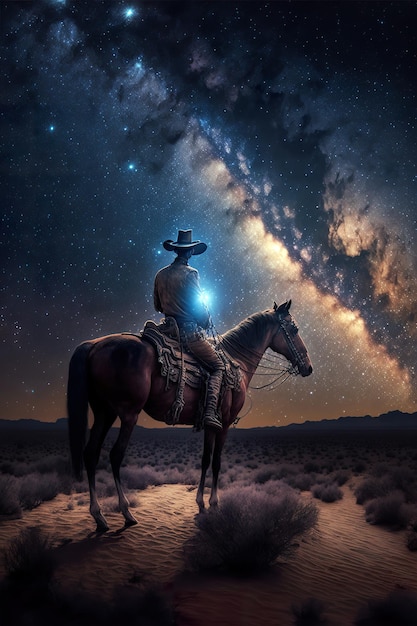 Western Cowboy montando su caballo por la noche bajo la galaxia de la vía láctea - Pintura digital