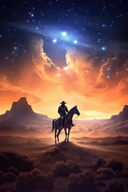 Western-Cowboy reitet nachts auf seinem Pferd unter der Milchstraße, KI generiert