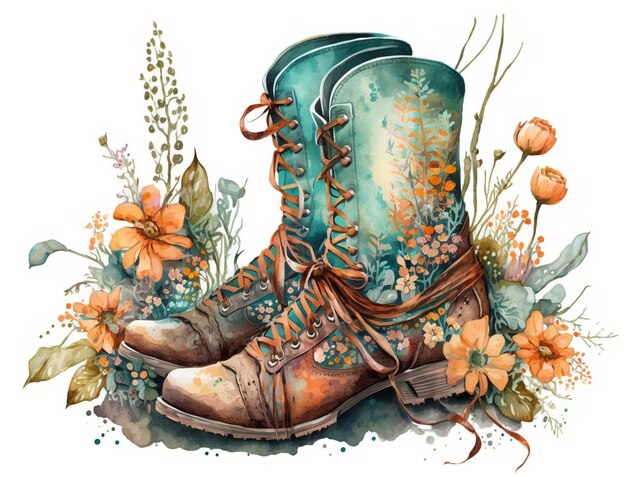 Foto western-cowboystiefel-illustration, umgeben von blumen