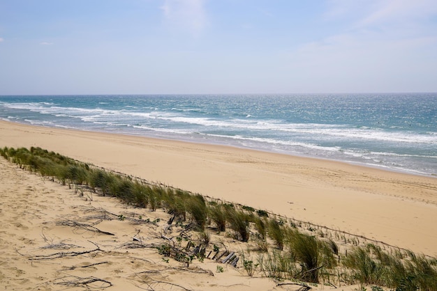 Westfranzösische Atlantikküste am Strand von Le Porge mit Blick auf den sandigen Horizont aus Frankreich