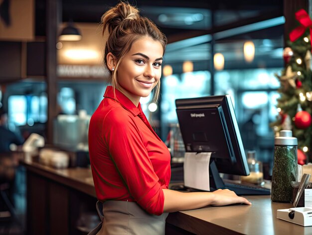 Foto westliche barista, die zu weihnachten im café arbeitet