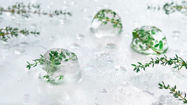 Wet off White Water Hintergrund mit schmelzenden Eiskugeln mit gefrorenen Kräutern Rosmarin, Oregano und Thymian-Pflanzen Gefrorene Pflanzen in Eisstücken