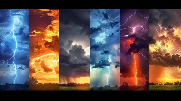 Wettervorhersage Collage Konzept Hintergrund Vielfalt der Wetterbedingungen und Jahreszeiten helle Sonne