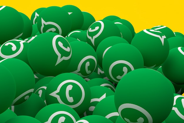 Whatsapp emoji 3d render em fundo amarelo, símbolo de balão de mídia social com o símbolo do Whatsapp