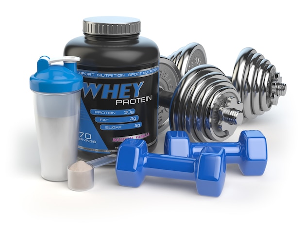 Whey protein com halteres e shaker suplementos nutricionais ou de musculação esportiva