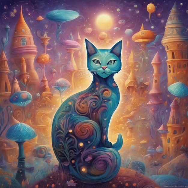 Whimsical Cat Dreamscape Style Surreal Fantasy Focus Cat in einer phantastischen und unwirklichen Umgebung