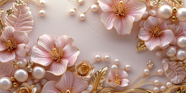 Whimsical Elegance 3D Pink Gold Blumen und Perlen schaffen eine zarte Atmosphäre mit reichlich Platz für Text