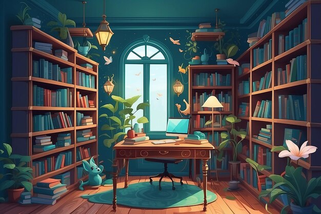 Whimsical Fantasy Library Flat Vector Home Office da Criatividade Encantada