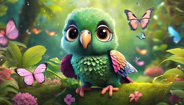 Whimsical Wonderland 3D Render de um adorável bebê papagaio com grandes olhos em meio a um jardim com borboletas e vegetação exuberante A cena irradia uma suave aura mágica cintilante com poeira de fada