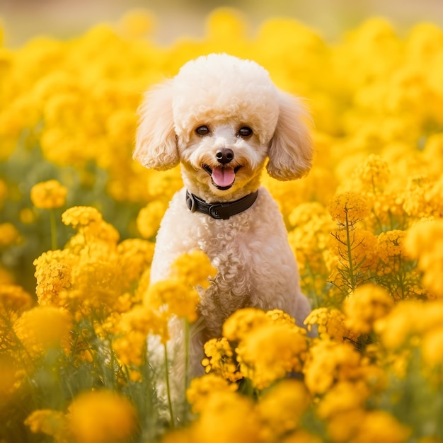 Foto whimsical wonders poodle frolics em charming blossomfilled field