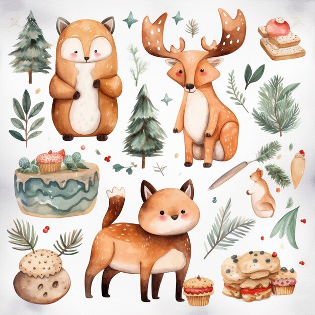 Whimsical Woodland Wonders Uma variedade festiva de arte de aquarela de Natal e Inverno desenhada à mão