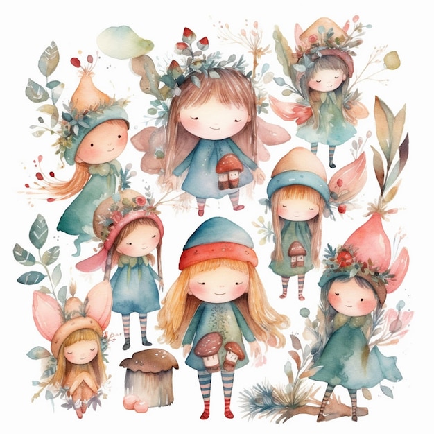 Whimsical Woodland Wonders Uma variedade festiva de arte de aquarela de Natal e Inverno desenhada à mão