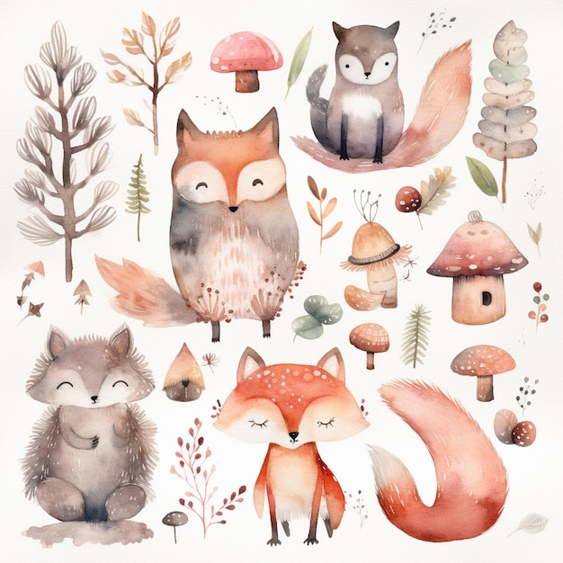 Whimsical Woodland Wonders Uma variedade festiva de arte de aquarela de Natal e Inverno desenhada à mão