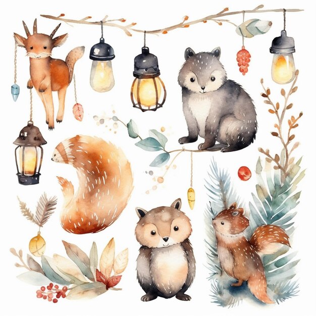 Whimsical Woodland Wonders Uma variedade festiva de arte de aquarela de Natal e Inverno desenhada à mão