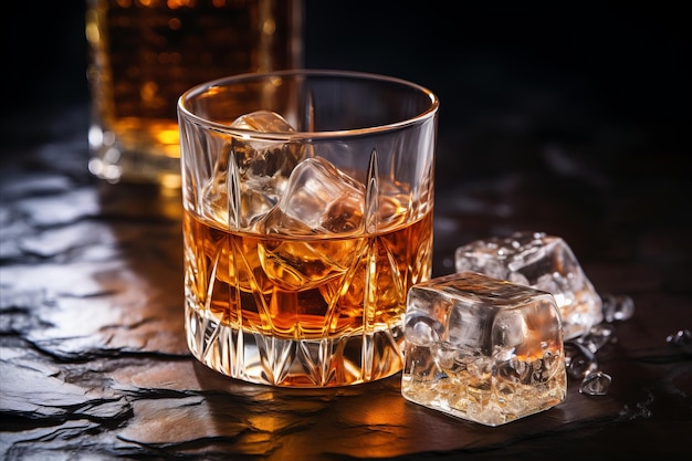 Whiskey Bliss Exquisito copo de uísque premium com cubos de gelo espumante para um gole de luxo