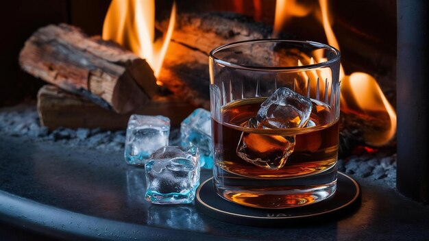 Whiskey con cubos de hielo sobre la chimenea