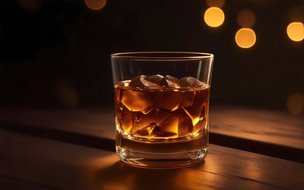 Whiskey gefülltes Glas auf einem Holztisch mit Bokeh-Lichtern im Hintergrund